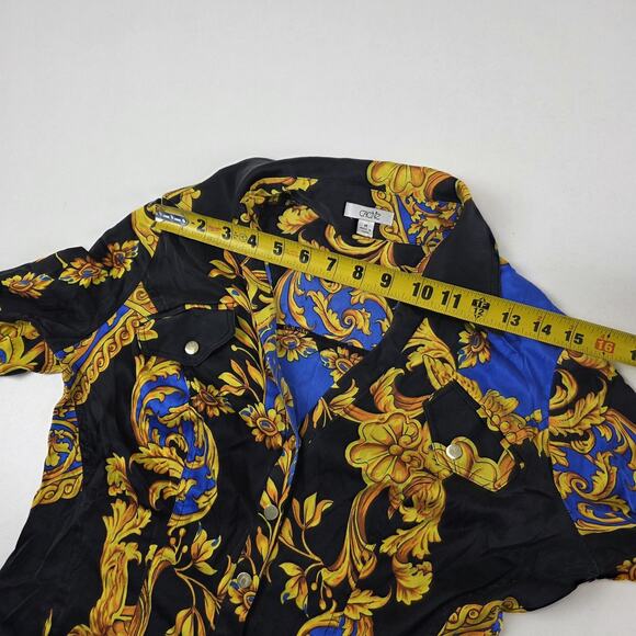 Cache Shirt Womens Medium Black Blue Gold Baroque Silk Stretch Snap Front Fitted - Picture 5 of 12